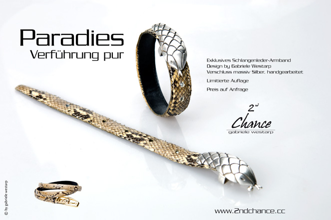 Paradies - Exklusives Schlangenleder Armband Design by Gabriele Westarp Verschluss massiv Silber, handgearbeitet. Limitierte Auflage, Preis auf Anfrage - by Gabriele Westarp, 2nd Chance